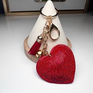 Red Heart Keychain with Gold Accents Tassel Bell Whimsical Glam Romantic